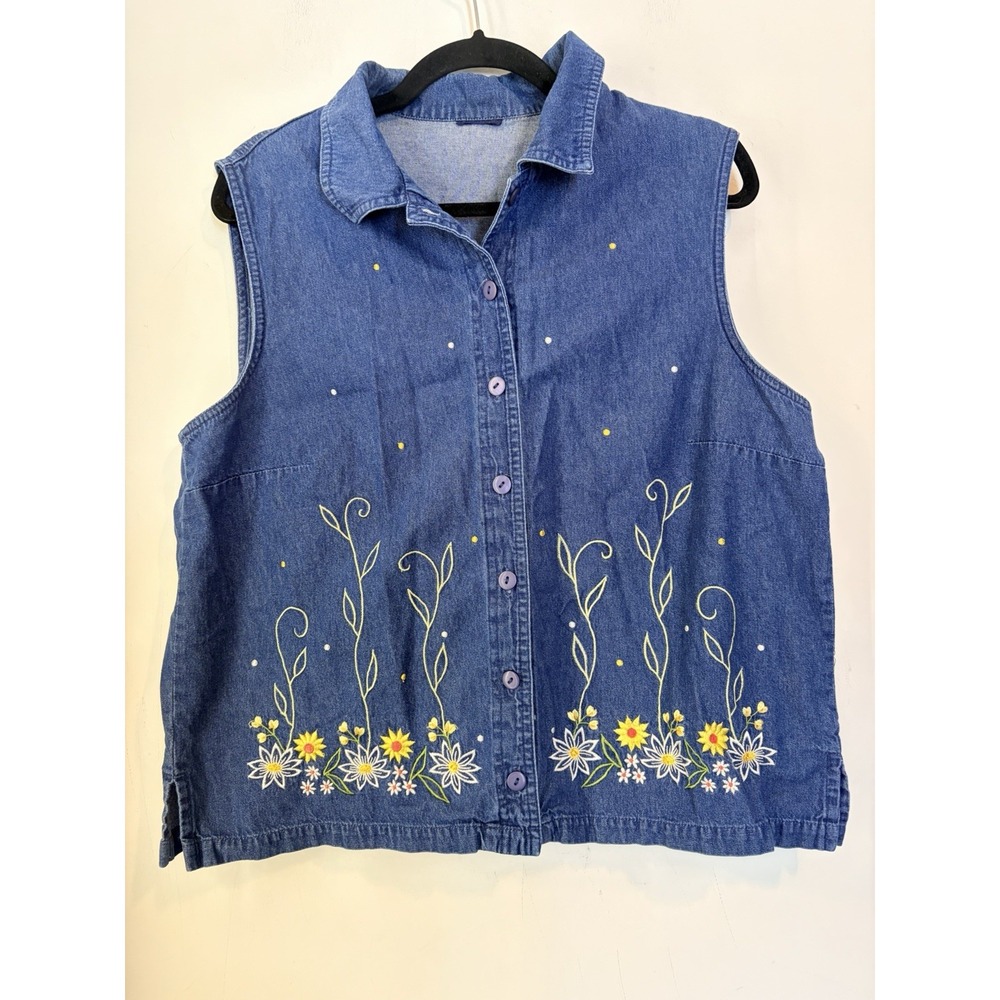 Vintage Allison Daley Embroidered Blue Denim Collared Sleeveless Top Vest Size14